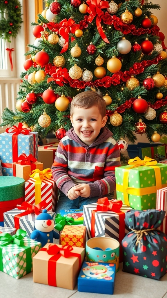 A collection of vibrant Christmas gifts for a nephew under a decorated tree.